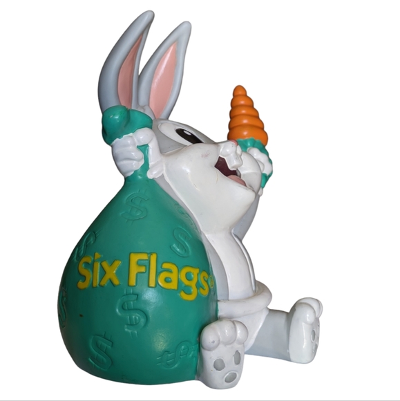 1996 Baby Bugs Bunny with Carrot and Six Flags Money Bag Piggy Bank with Stopper - Picture 3 of 13